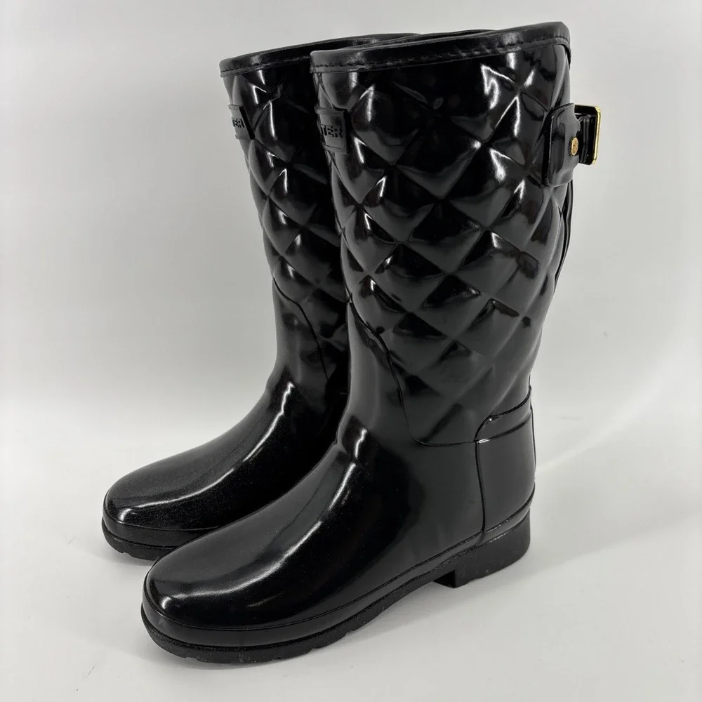 Hunter Refined Black Gloss Quilted Short Rain Boots Women's US 5 EU 36‎ Pull On